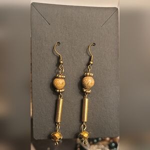 Unique design dangle earrings with gemstone and metal beads. Repurposed beads